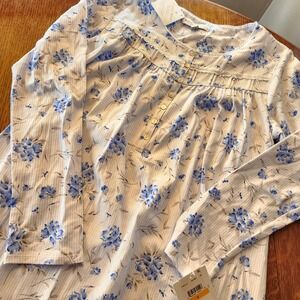 Eileen West Nightgown Brushed Flannel Type Knit LS White Blue Floral Small New